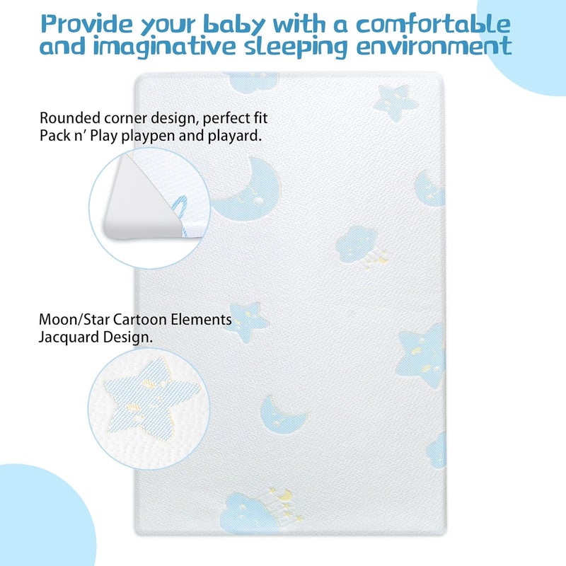 Ressainic Pack and Play Mattress Pad，Portable Crib Pack N Play Mattresses,38 * 26" Inch Jacquard Playpen Mattress for Travel Soft Breathable Play Yard Mattress with Washable Cover (Moon/Star) - Image 3